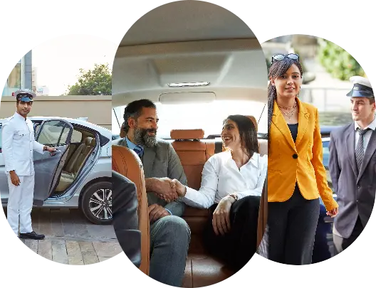 alt="Uniformed chauffeur standing beside a luxury car with happy clients sitting inside"